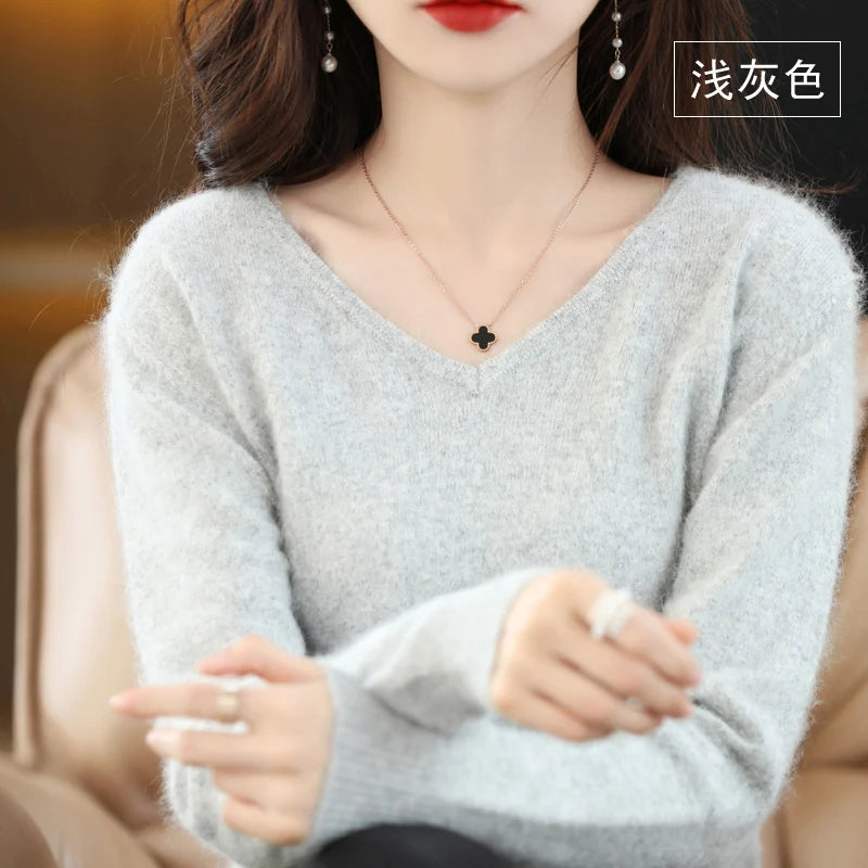 Autumn and Winter New Women's Sweater 100% Mink Cashmere Women's V-neck Pullover Casual Knitting Basic Fashion Large Top