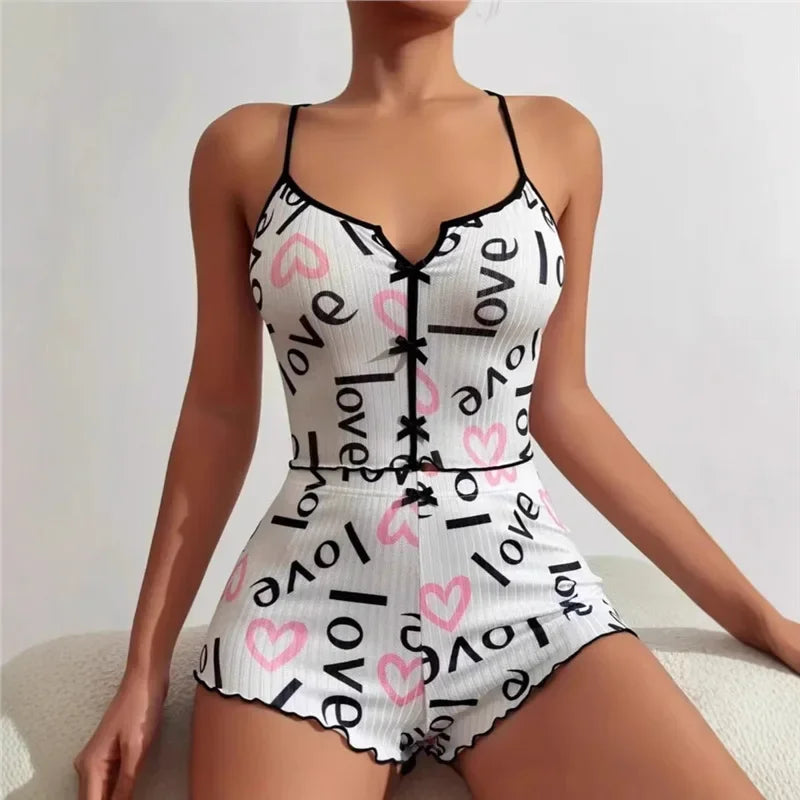 New Hot Sale Of The Season Heart Pattern Color Block Sleepwear Set with Slit in Front Strap Women's Vest Tops Non-Estitched Exte