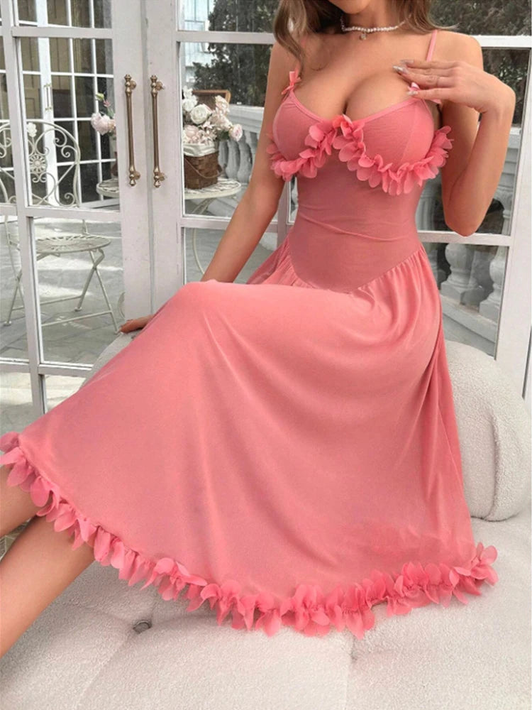 Sexy Nightgown Mesh Suspender Dress Translucent Women Pajamas Sleeveless Long Home Dress Romantic Floral Sleepwear Tulle Nightie