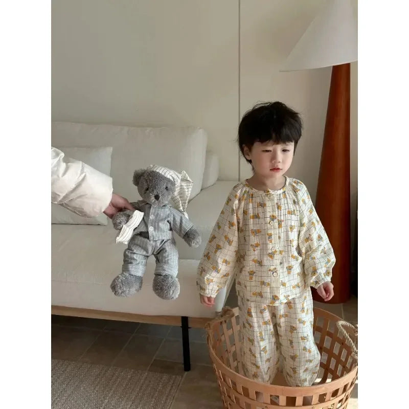 Children's Spring Grade Pajama Set Boys Girls Kids Cartoon Double Layer Gauze Home Clothing Set Baby Sleepwear Two-Piece Set