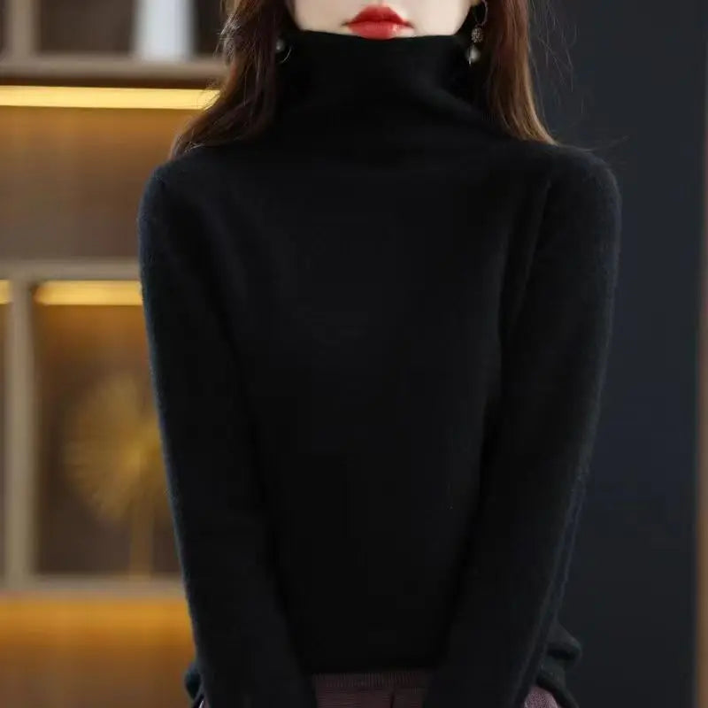 100% Wool Fold Neck Sweater Women's AutumnWinter High Neck Long Sleeved Solid Color Warm Pullover Sweater Knitted Jumper Top
