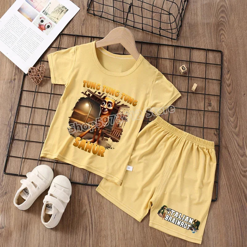 Italian Brainrot Pajama Sleepwear Child Funny Shark Tung Sahur Meme Cartoon Soft Pyjamas Set Nightgown Girl Boy Home Loungewear