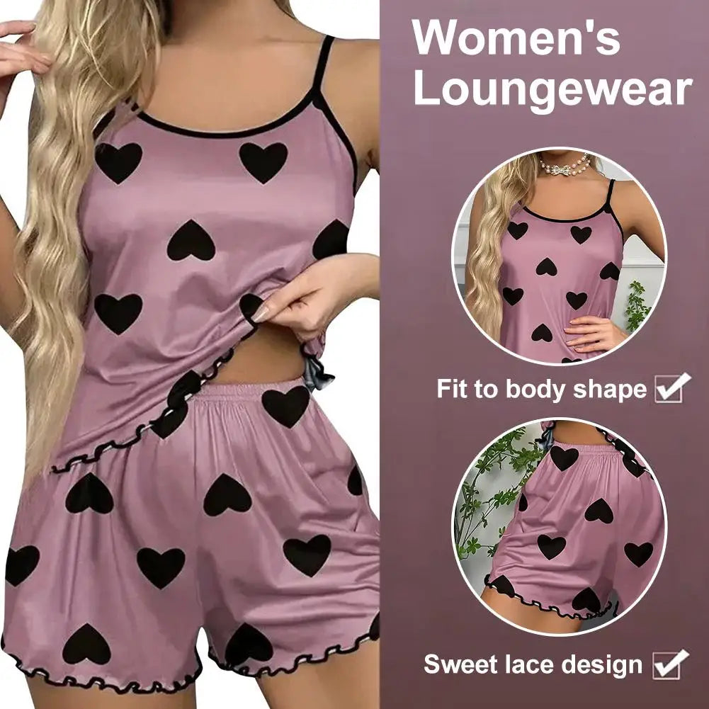 Women's Pajama Set Sexy Cute Kawaii Pajamas Women suspenders Sun-Tops Loungewear Set Shorts Y2K Lolita Heart Silk Sleepwear