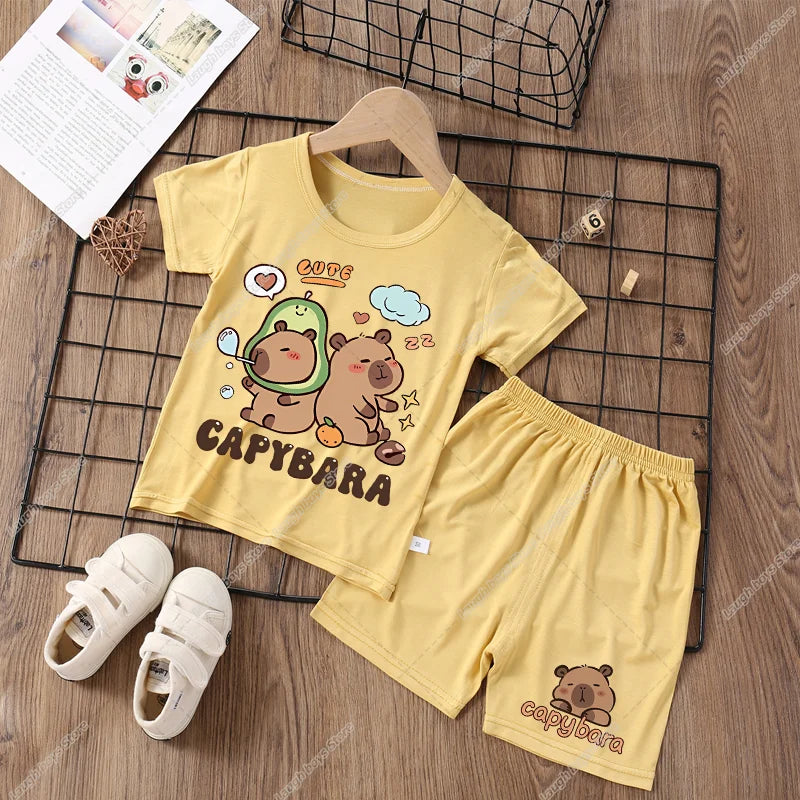 Capybara Cute Pajamas Suit Short Sleeve Sleepwear Cartoon Animal Print Soft Homewear Set Kawaii Silky Home Nightgown Summer Gift