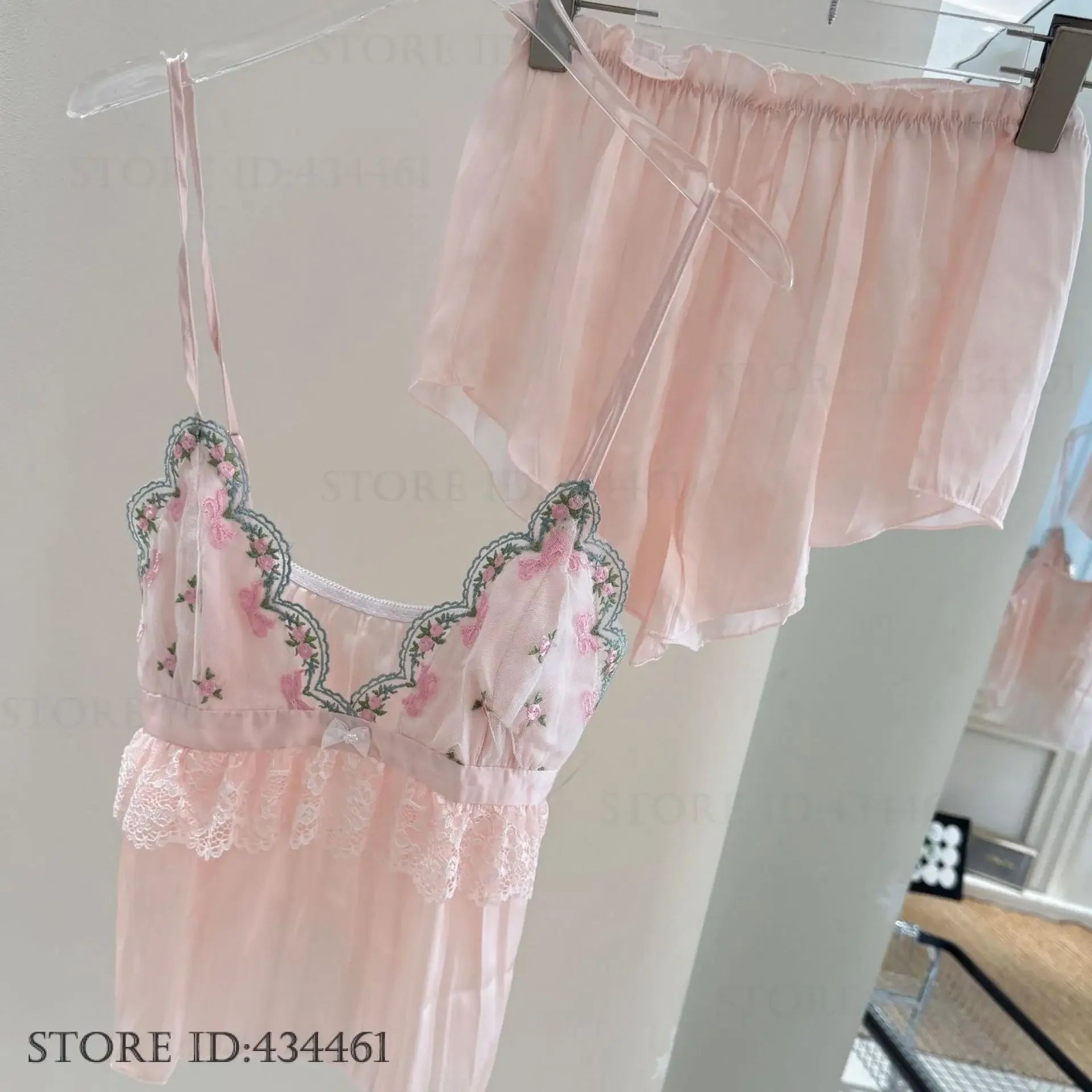 Sweet Pink Chemise Sleepwear Intimate Lingerie Summer Young Girl Homewear Strap Top&shorts Pijamas Suit Sexy Lace Loungewear