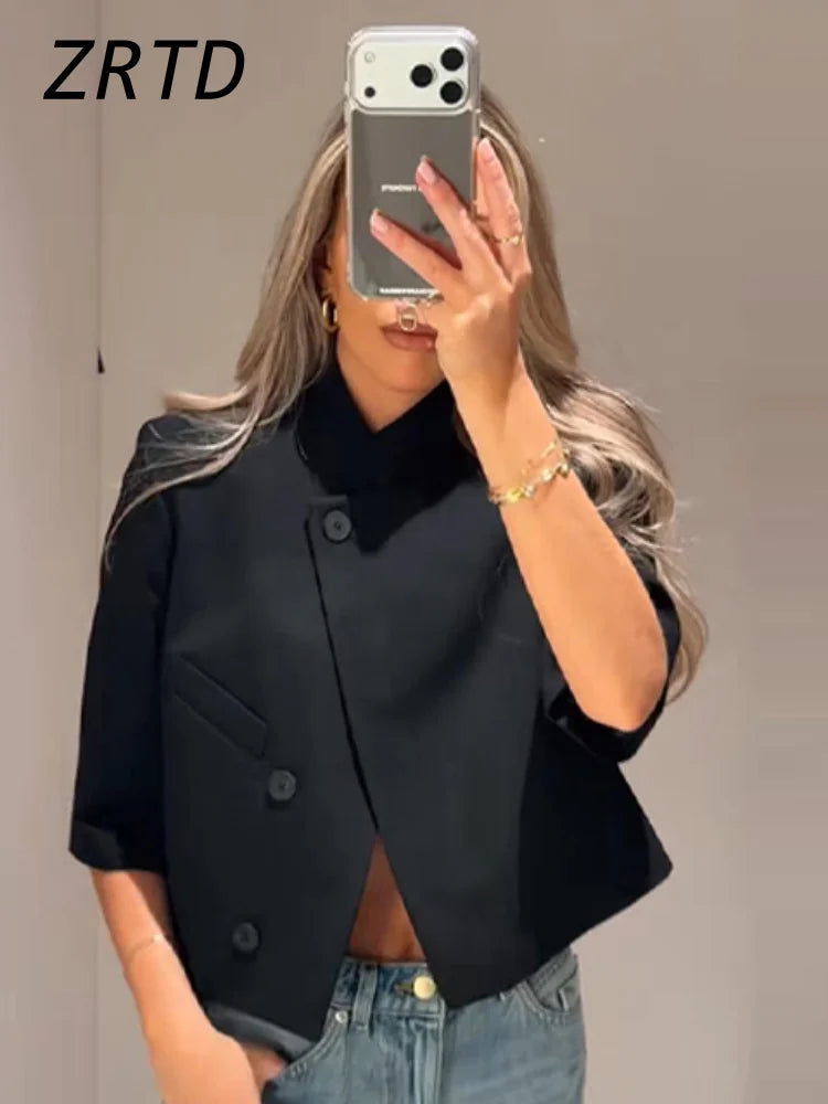 Elegant Women's Cropped Suit Jackets Asymmetric Stand Collar One Button Short Sleeve Blazer 2026 Spring Summer Lady Outwear