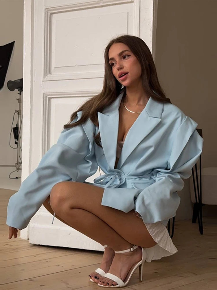 Solid Lapel Blazer Jacket For Women Oversize Notched Single Breasted Shoulder Pads Jackets 2025 Office Lady Long Sleeve Tops
