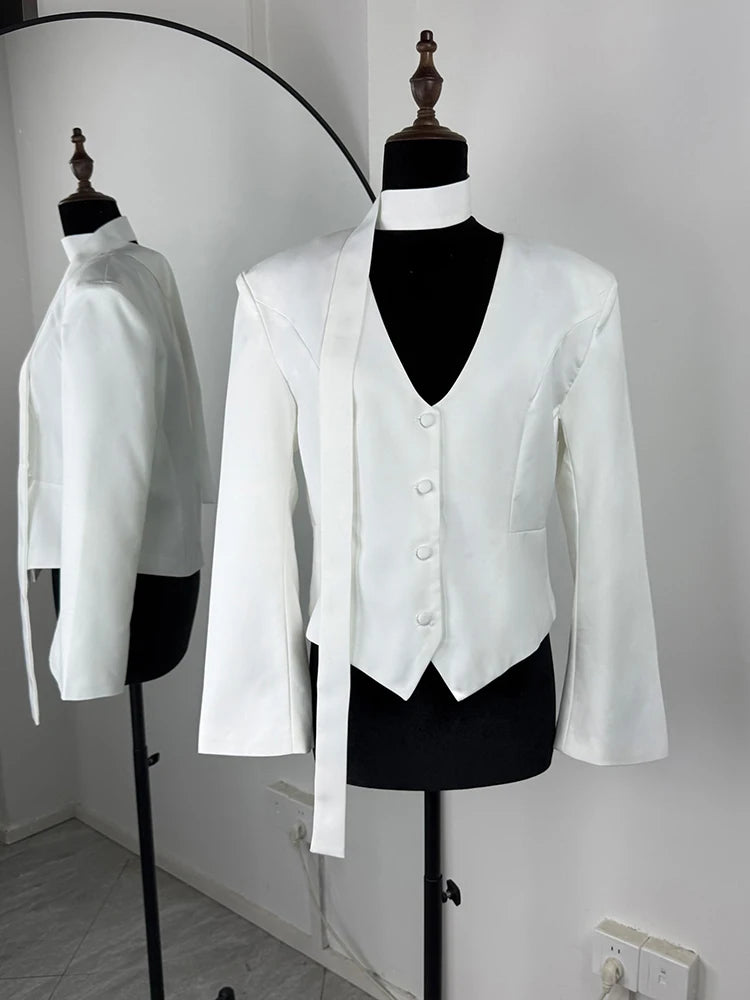 Tuularose Single Breasted Coat Women's V Neck Scarf With Long Sleeve Waist-Cinching Blazer Jacket Lady Casual Slim Commute Coat