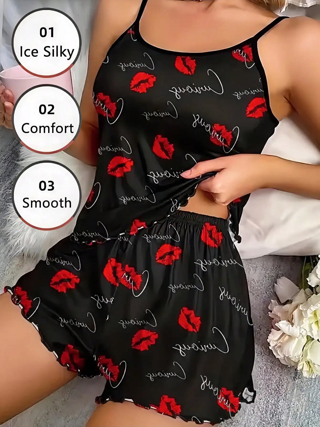 Women's 2 Pieces Set Pajamas Lettuce Frill Trim Camisole Shorts Sexy Lip Print Scoop Neck Cami Backless Top Ice Silk Comfortable