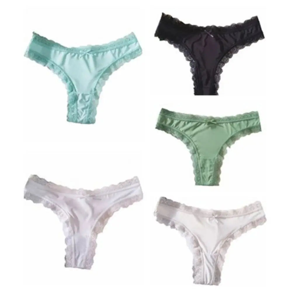 Comfortable Seamless Ice Silk Panties Cotton Crotch Thong Lace Bow Briefs Underwear Low Waist Women's Summer Panties Girl