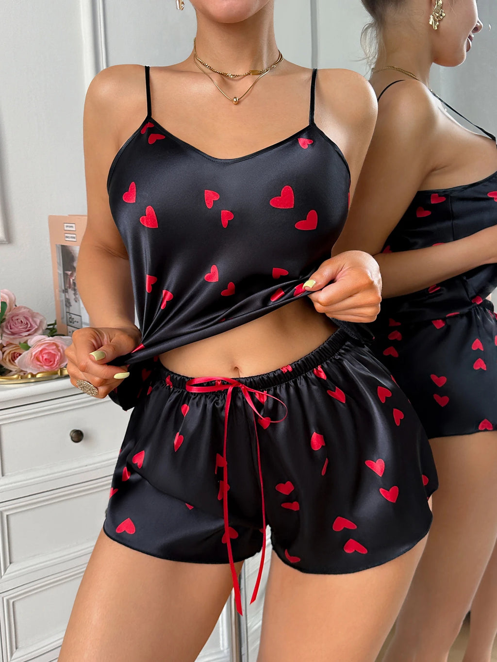 2026 New Womens Pajama Set Cute Heart Print Cami and Shorts 2 Pieces Round Neck Elastic Waist Fashion Sleepwear
