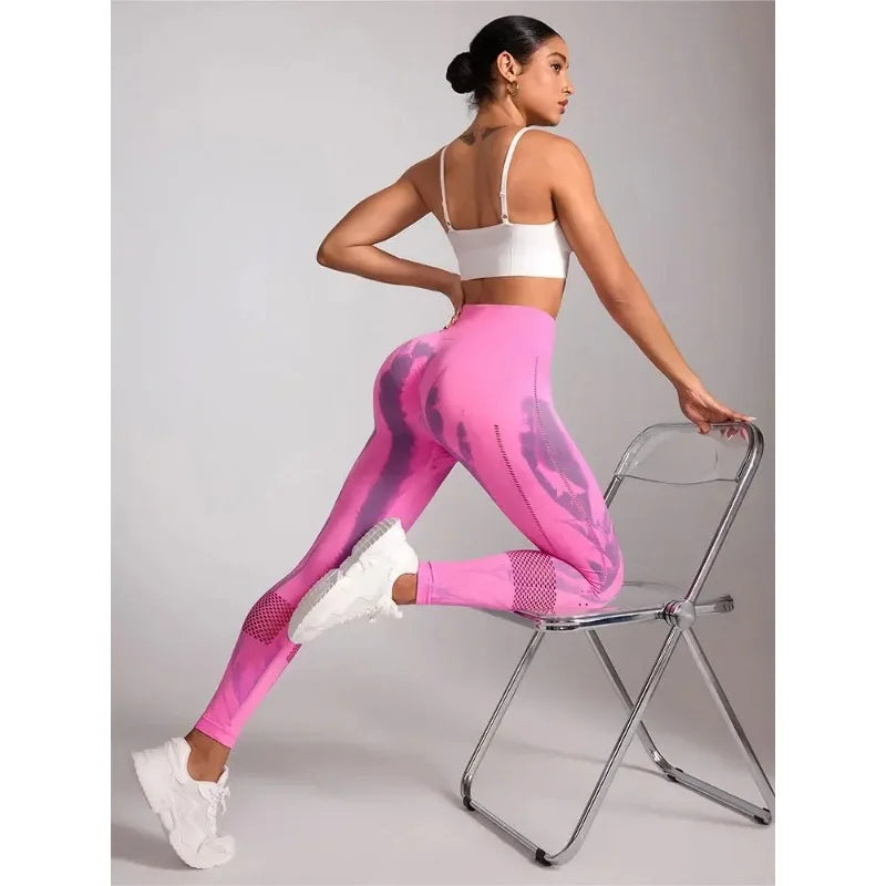 Women Stretchy Yoga Pants Gym Tie-Dye Leggings for Women Seamless High-Waisted Hollow Out Tight-Fitting Workout Leggings