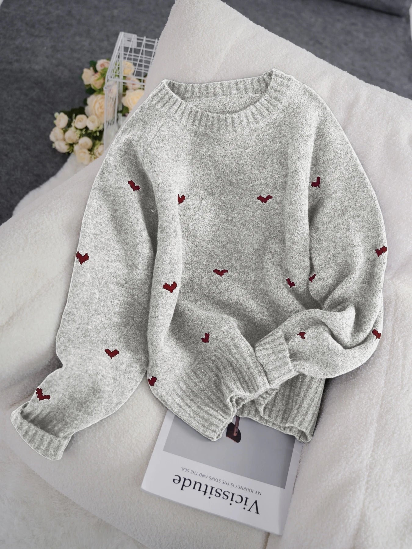 Valentine's Day Women's Crochet Sweater - Flying Bird & Heart Pattern Long Sleeve Pullover, Fall New Arrival Casual Streetwear
