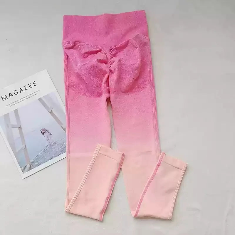 Sexy Butt Enhancing Gradient Color Tight Fitness Running Yoga Pants Quick Dry Slimming Nine-Tenths Length Breathable Nylon