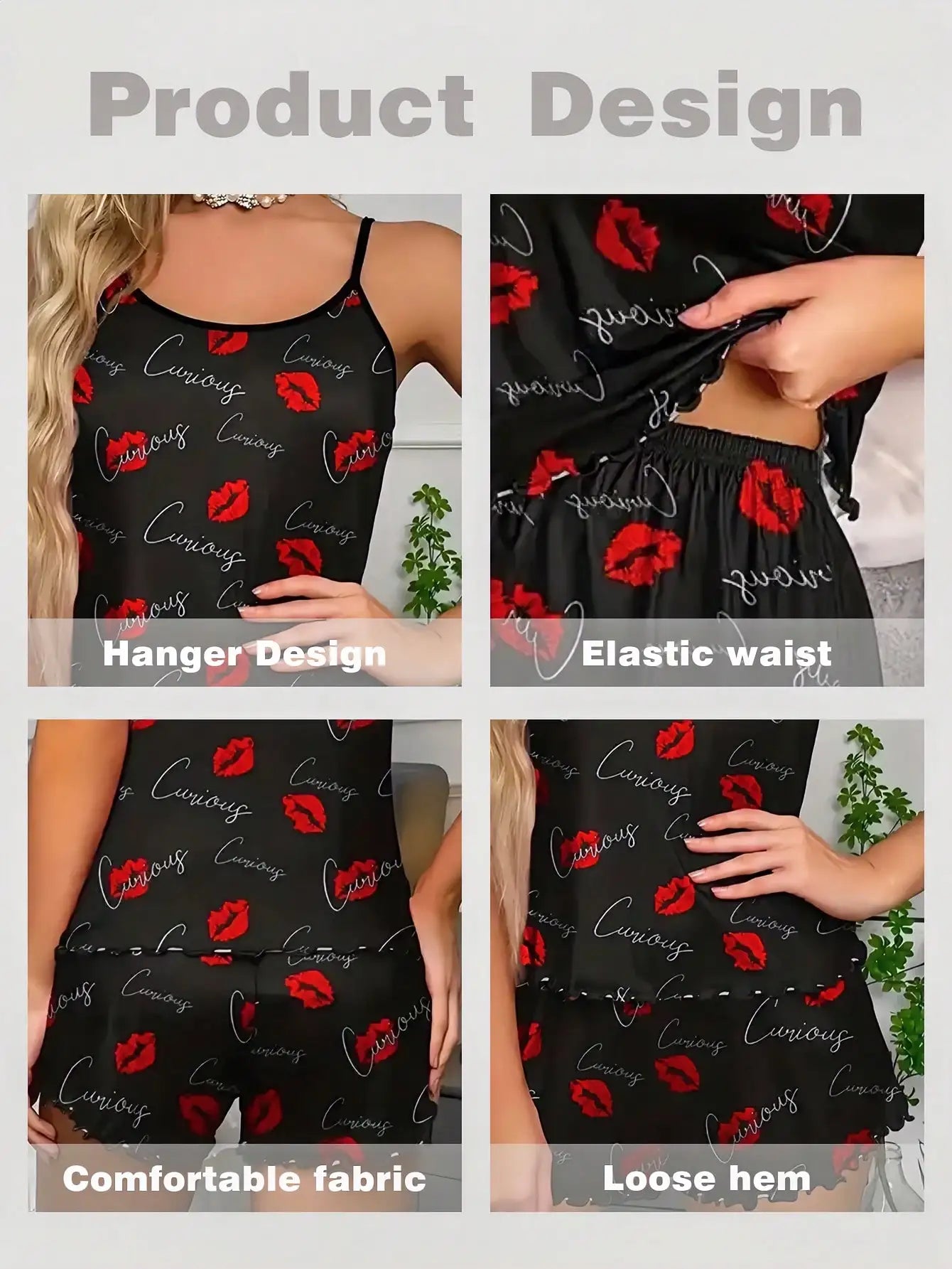 Women's 2 Pieces Set Pajamas Lettuce Frill Trim Camisole Shorts Sexy Lip Print Scoop Neck Cami Backless Top Ice Silk Comfortable