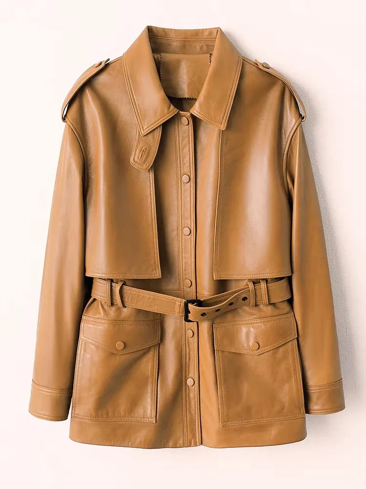 Winter Genuine Leather Outwears For Women High Quality Female Large Pocket Epaulet Belt Mid Long Jacket Female Warm Windbreaker