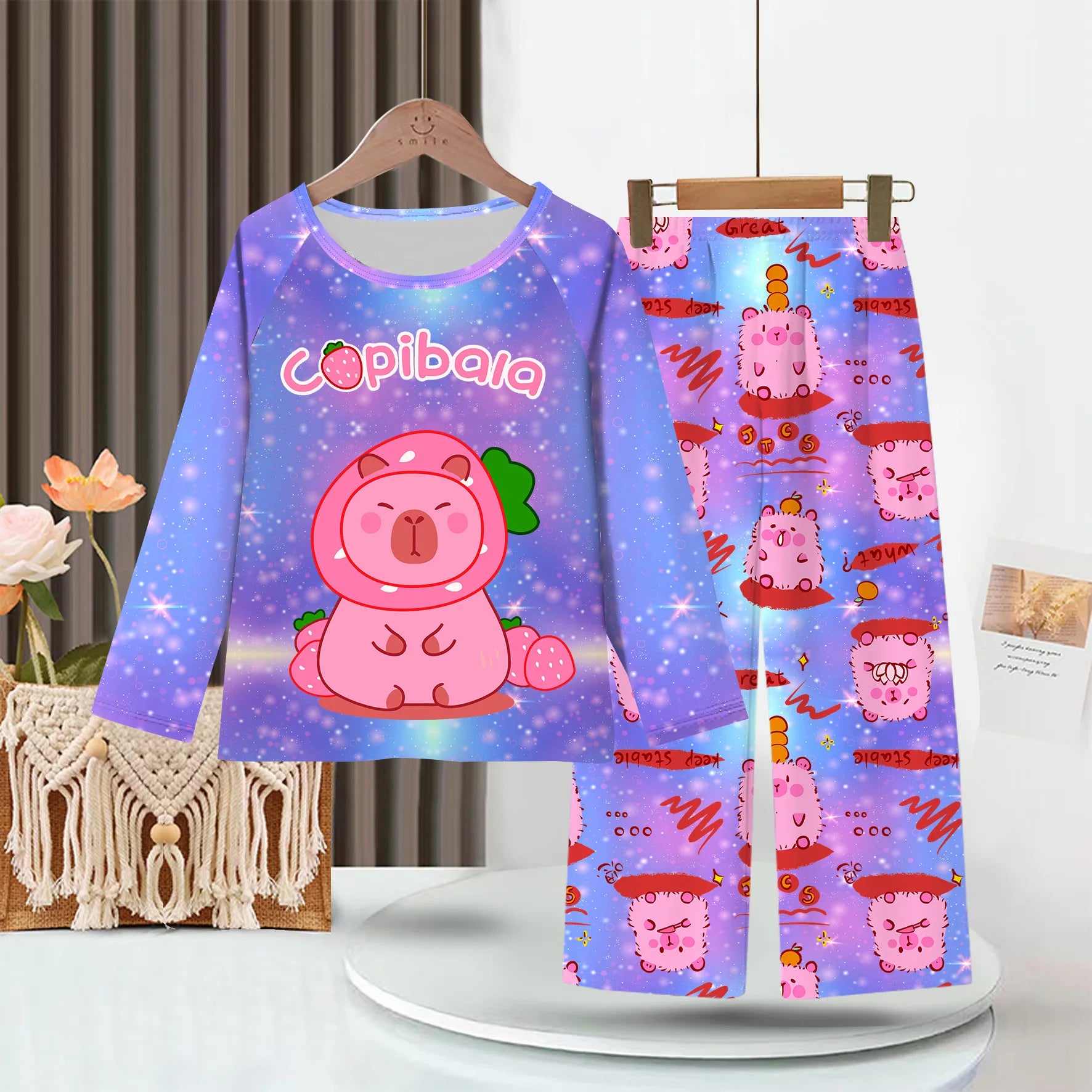 Girls Capybara Pajamas Set Full Sleeve Children Sleepwear Kids Pyjamas Suits for Teenager Boys Pijama Capibara Home Wear Clothes