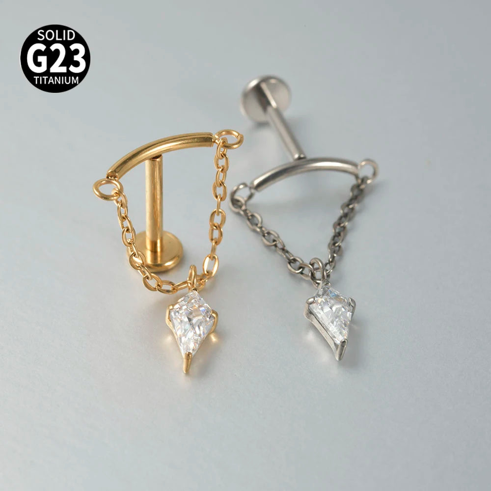 Dreamlee G23 Solid Titanium Chain Dangling Rook Helix Stud Inner Screw Flat Back Tragus Cartilage Earring Lobe Labret Piercing