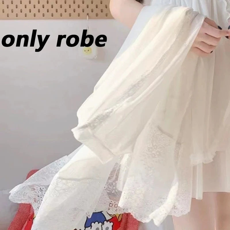White Satin 2Pcs Sleep Set Princess Homedress Silkly Mesh Robe Sweet Spaghetti Strap Multilayer Lace Trim Nightgown Sleepwear