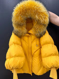 Lagabogy 2025 New Winter Large Real Fur Hooded Puffer Jacket Women White Duck Down Mid Long Parka Thick Warm Knitted Sleeve Coat