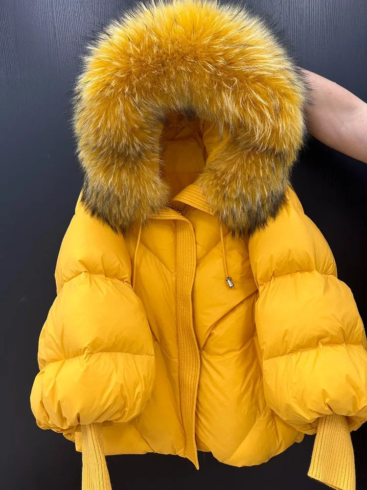 Lagabogy 2025 New Winter Large Real Fur Hooded Puffer Jacket Women White Duck Down Mid Long Parka Thick Warm Knitted Sleeve Coat