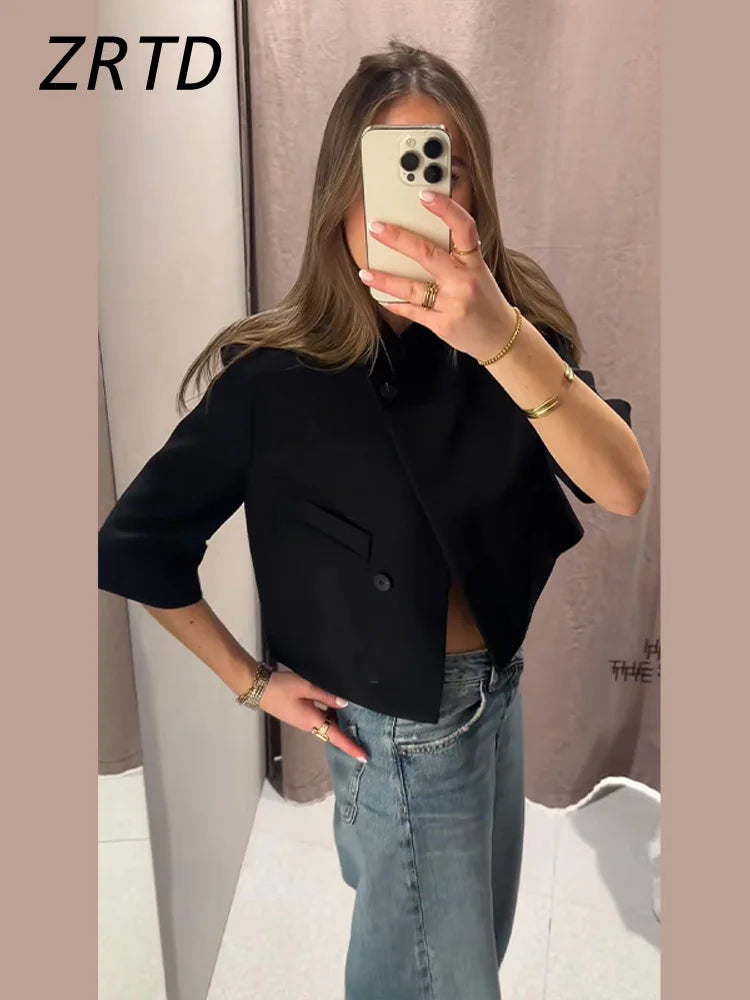 Elegant Women's Cropped Suit Jackets Asymmetric Stand Collar One Button Short Sleeve Blazer 2026 Spring Summer Lady Outwear