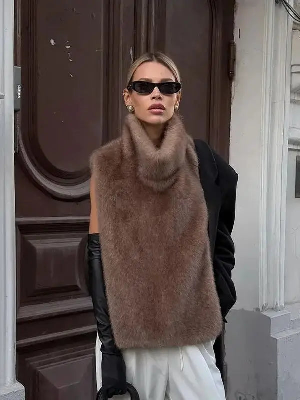 2025 Brand Fashion Warm Faux Fur Sable Vest Crop Top Autumn Winter Turtleneck Faux Mink Fur Tank Tops Sleeveless Jacket Coat