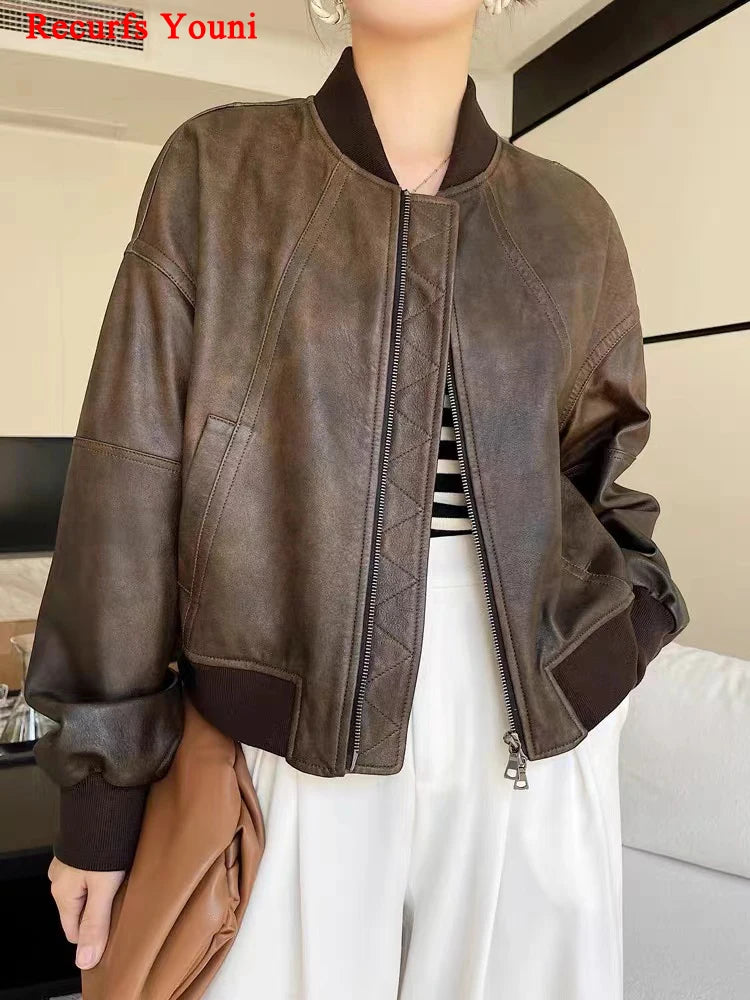 Leather Cropped Bomber Jacket For Women 2025 Winter European Old Money Designer Female Distressed Sheepskin Short Coat Outwear