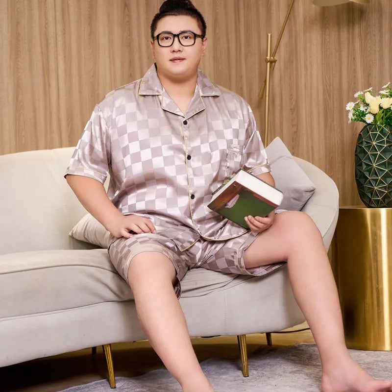 5XL Plus Size Pajamas for Men 150KG Summer Satin Sliky Sleepwear Short Sleeve Shorts 2PCS Set Loose Luxury Plaid Home Clothes
