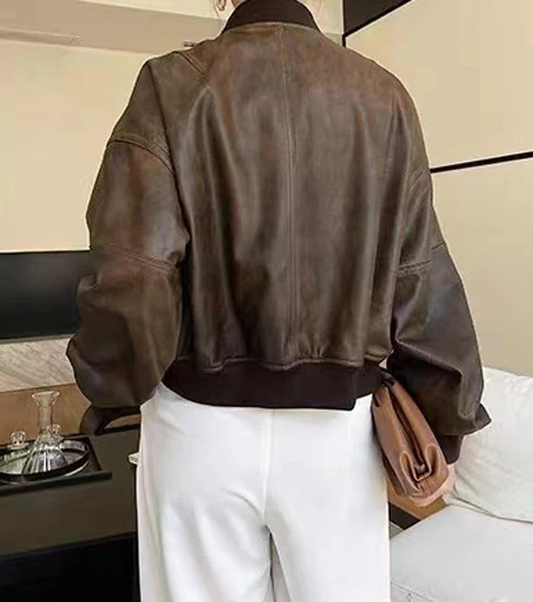 Leather Cropped Bomber Jacket For Women 2025 Winter European Old Money Designer Female Distressed Sheepskin Short Coat Outwear