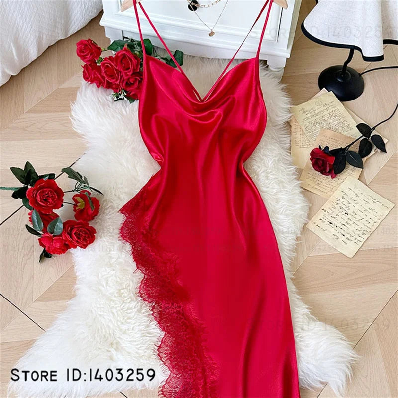 Women's Spaghetti Strap Nightgown Chemise Sleepwear Sexy Intimate Lingerie Backless Lace Split Nightdress Homewear Satin Nighty