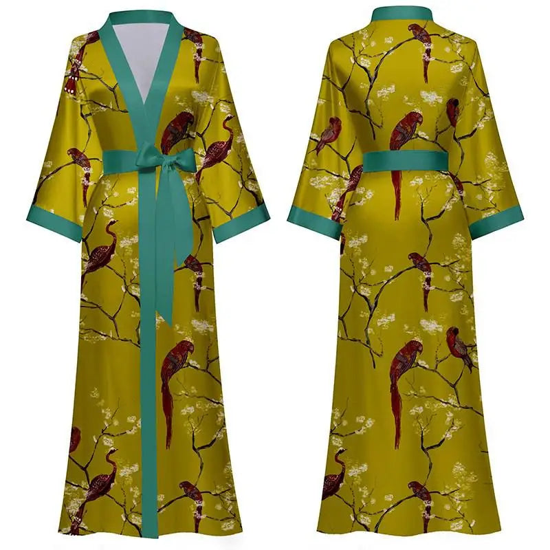 New Spring Summer Women Long Robe Kimono Bathrobe Gown Sexy Black Print Sleepwear Nightgown Casual Half Sleeve Satin Home Dress