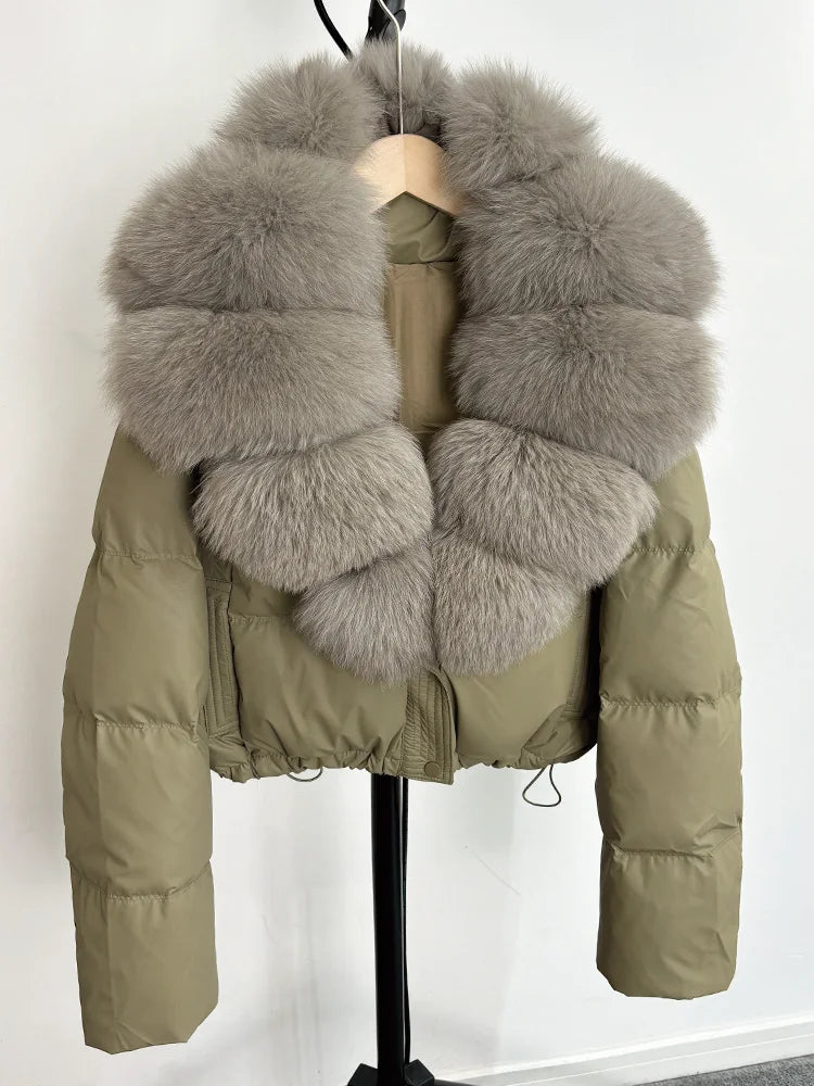 Janveny Large Natural Fox Fur Collar 90% White Duck Down Jacket Women Winter Short Waterproof PU Puffer Coat Female Thick Parkas