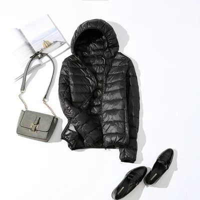 Women's Fashion Hooded Short Puffer Jackets 2025 New Spring Winter 90% White Duck Down Lightweight Packable female Warm Parka