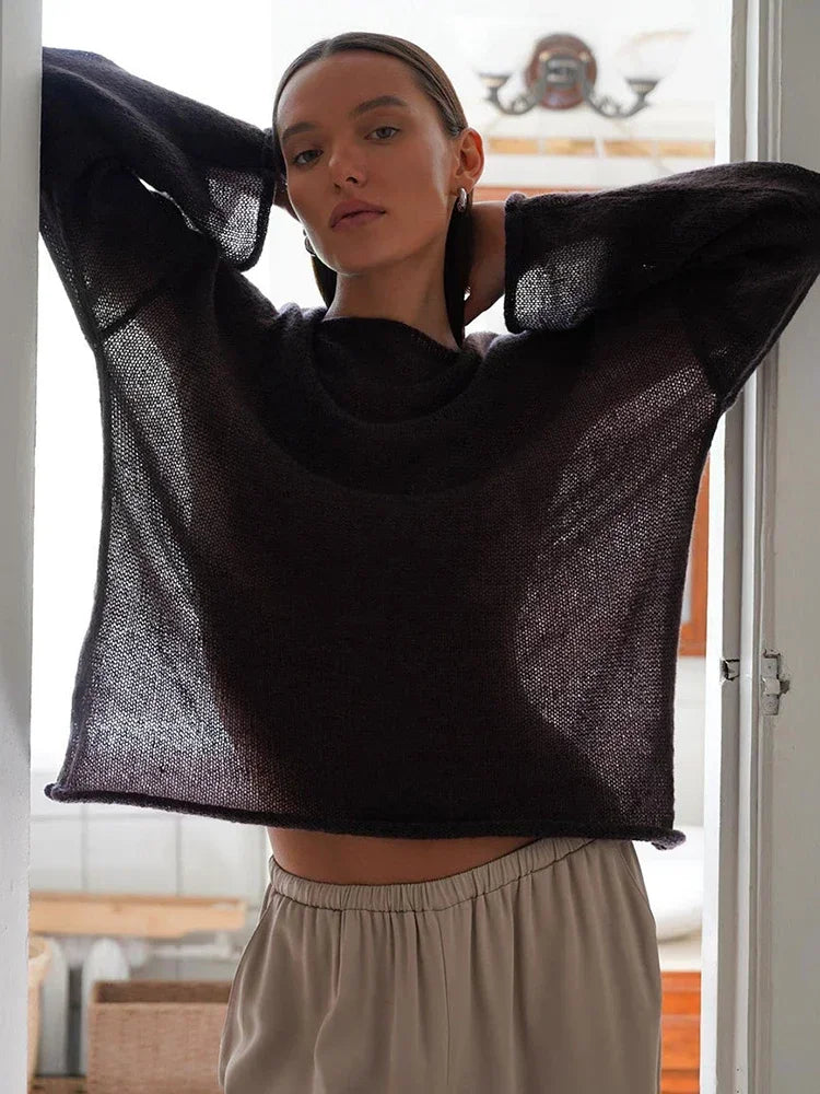 TARUXY Hollow Knitted Sweater Pullover 2024 Autumn New Women's See Through Thin Large Round Neck Bell Long Sleeve Knit T-Shirt