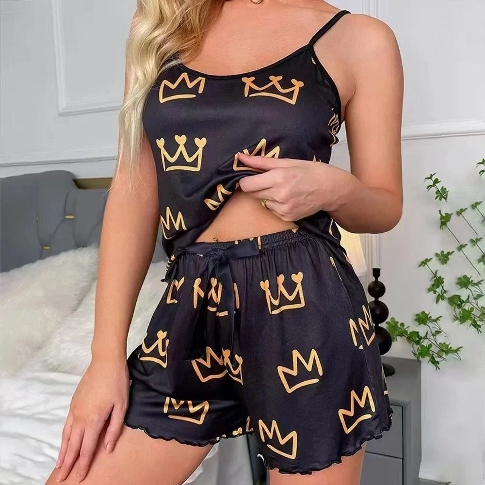 Summer Women's Sleepwear Two-Piece Set Sexy Casual Strap Vest Shorts Home Clothes Set Comfortable Breathable Sleeveless Nightgow