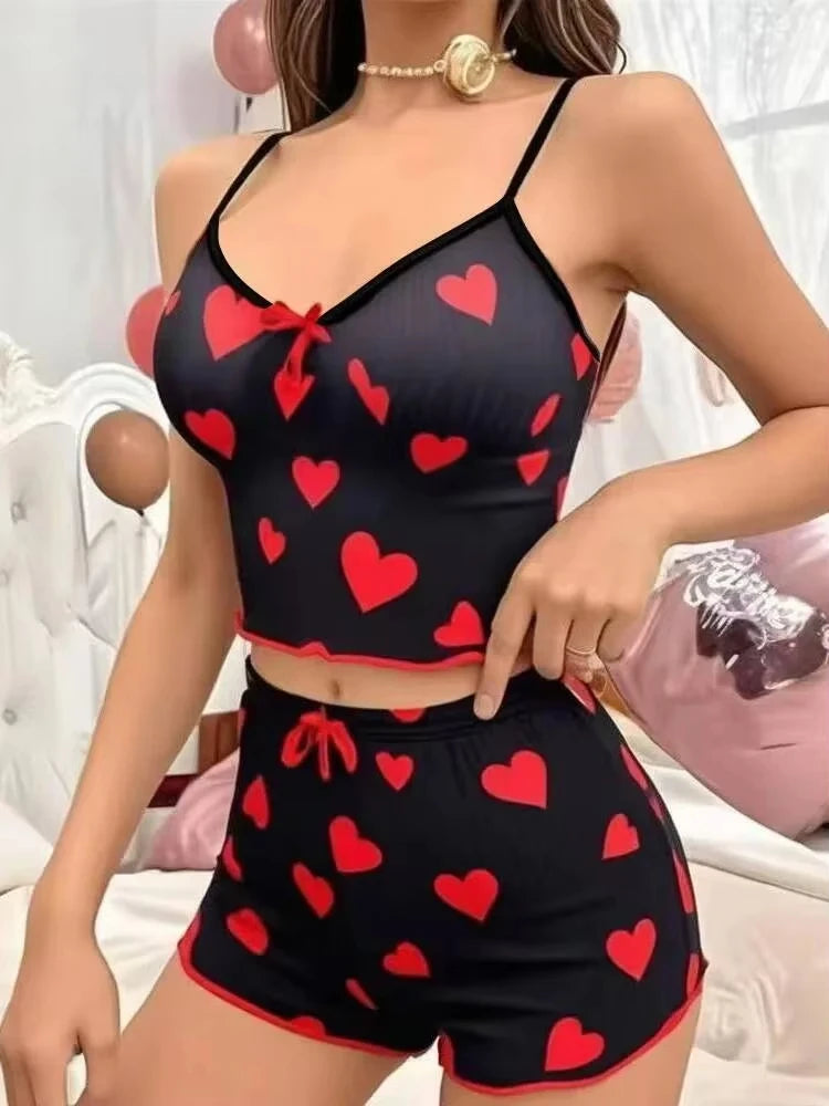2026 New Women's Pajamas Summer Soft and Comfortable Heart Printed Home Clothes Two Piece Set Sexy Strap Pajama Set Hot Selling