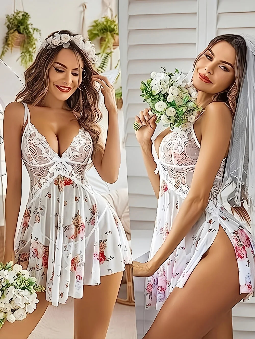 Women's Sleepdress Lace Floral Print Nightdress Comfortable Spaghetti Strap Sleepwear Dress Luxurious Slip Nightdress Set