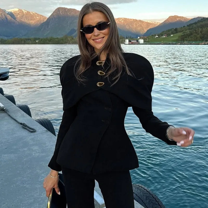 Trendix Black Elegant Blazer For Women 2025 Autumn Fashion Gold Buttons Patchwork Jacket Coat Party Vintage Commuter Suit Jacket