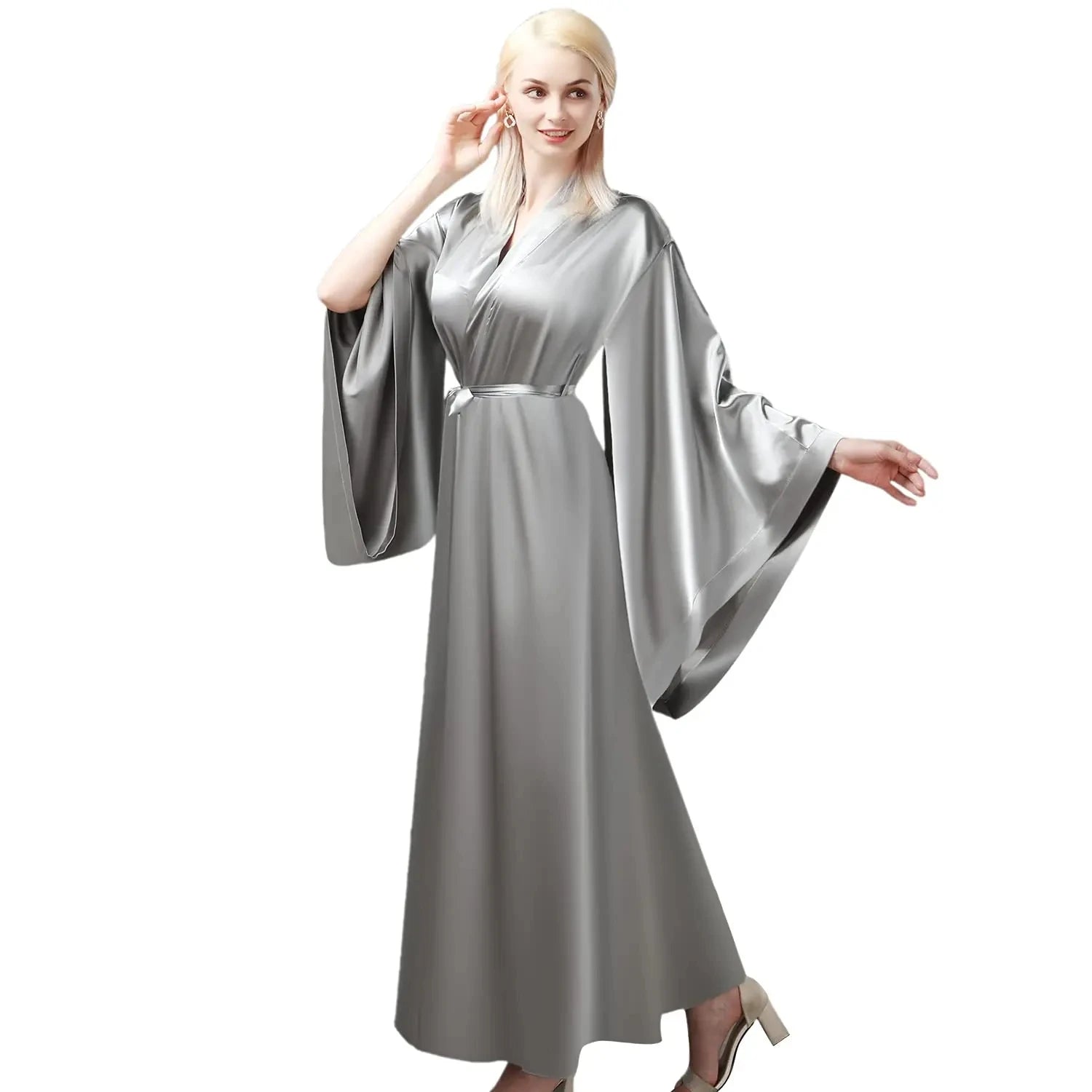 Modern Silk Nightdress Women Bridal Belt Night Dresses Sexy Gloss Wide Sleeve Sleepwear Nightwear Sand Boudoir Dress Plus Size