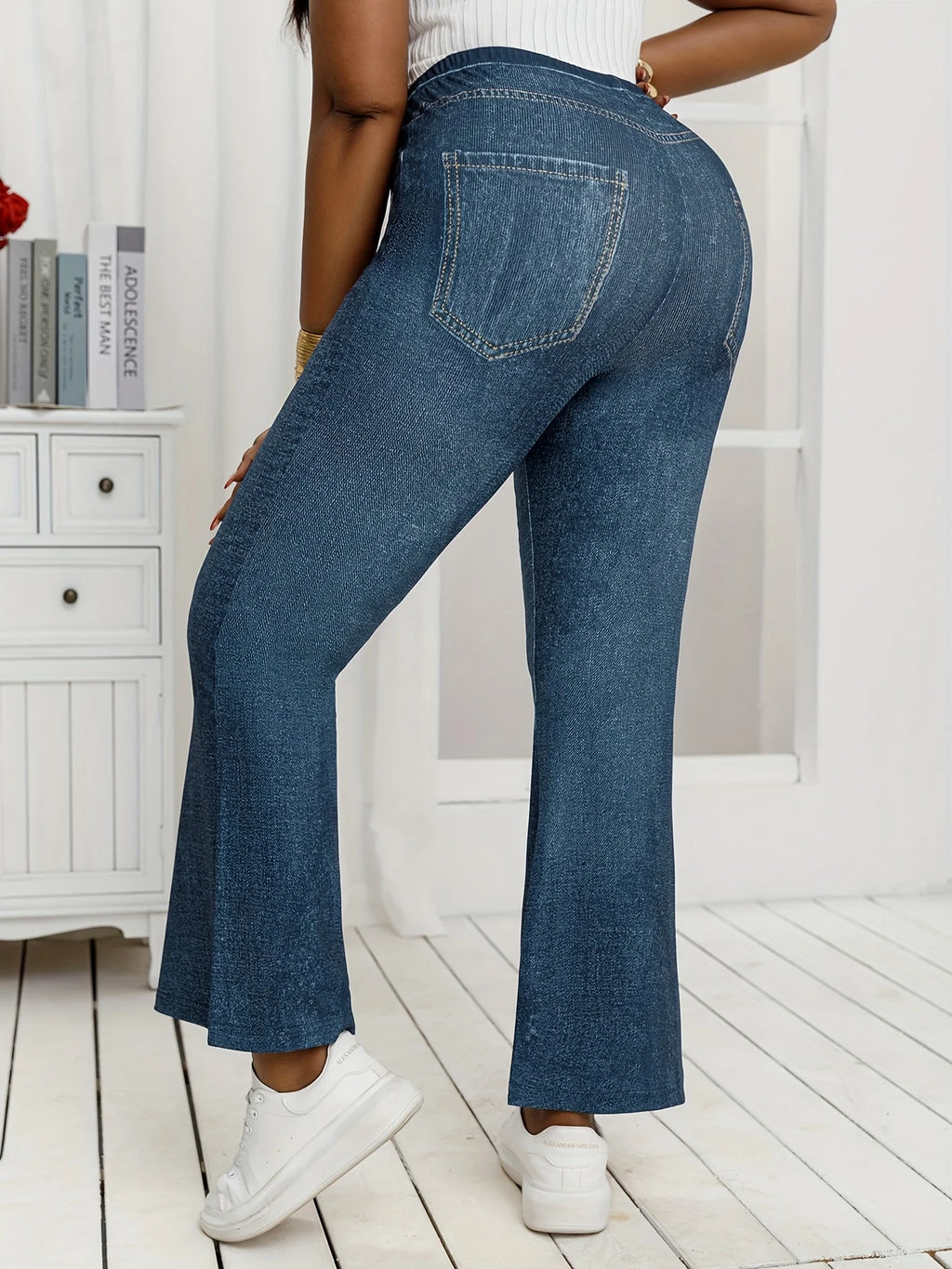 Plus Size Denim Print High-Stretch Flared Pants Loose Fit Comfortable Slimming Non-Jeans Fabric Women's Casual Trousers
