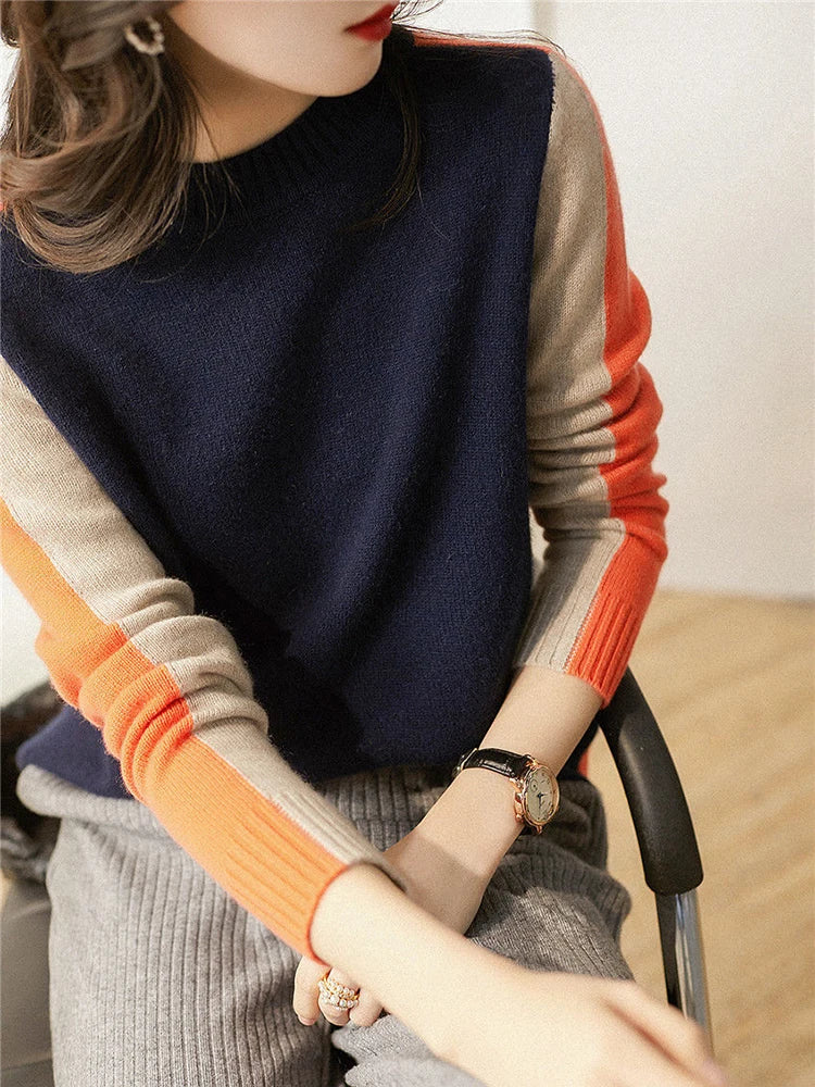Sueter Mujer 2022 Autumn Winter Pullover Sweater Women Contrast Color Top Long Sleeve Sweaters Womens Clothing Ladies Knit Tops