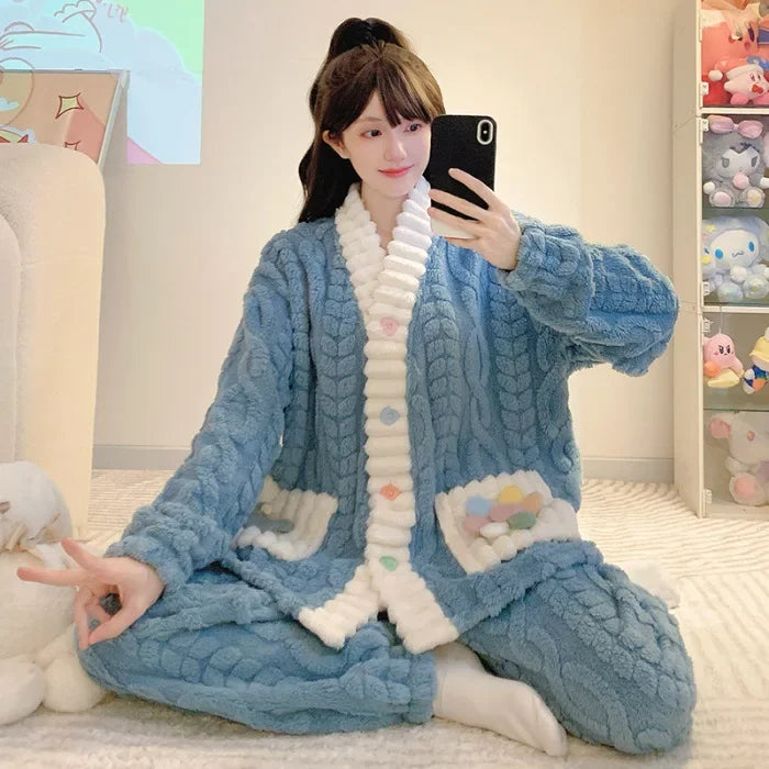 5XL Plus Size Winter Warm Sleepwear Women Korean Sweet Pajamas Set Nightwear Flannel Cardigan Night Wear Home Clothes Outfits