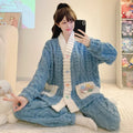 5XL Plus Size Winter Warm Sleepwear Women Korean Sweet Pajamas Set Nightwear Flannel Cardigan Night Wear Home Clothes Outfits