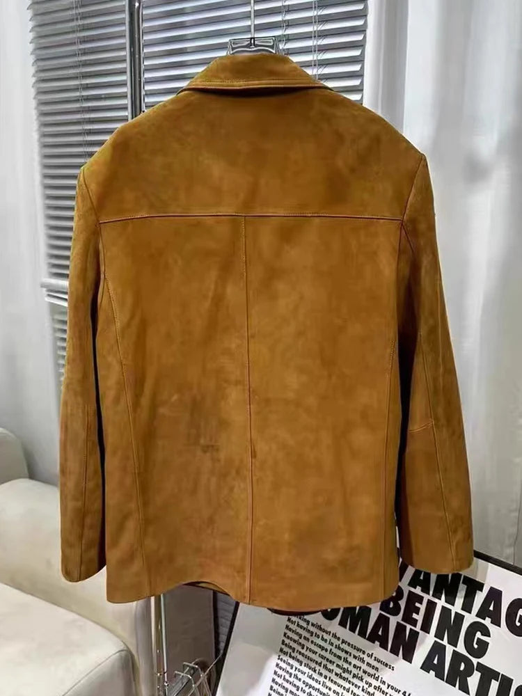 Vintage Brown Kid Suede Jacket for Women 2026 New High Sense Loose Oversized Leather Suit Blazer Female Casual Coat Streetwear