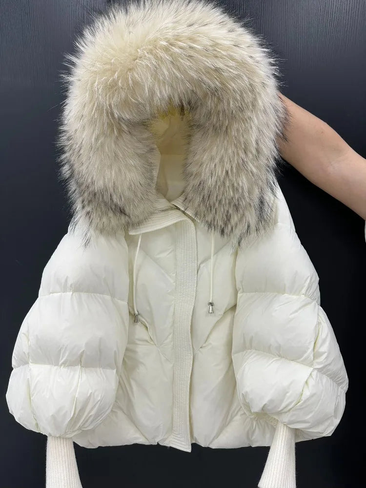 Lagabogy 2025 New Winter Large Real Fur Hooded Puffer Jacket Women White Duck Down Mid Long Parka Thick Warm Knitted Sleeve Coat