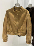 2026 Imported Goat Suede Jacket For Women Retro Standing Collar Versatile Slimming Elastic Waist  Leather Coat Chaquetas Bomber