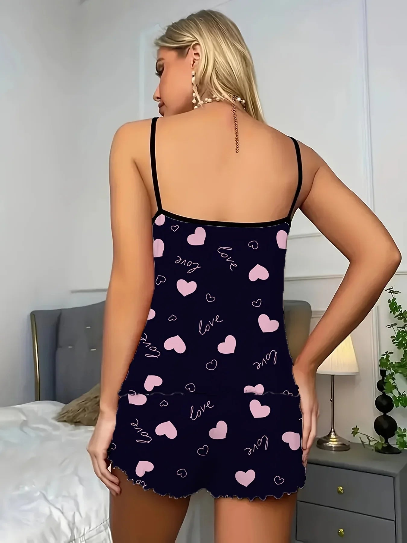 2 Pieces Pajama Set Women Love Heart Print Spaghetti Strap Shorts,Knit Fabric Sleepwear for All Seasons, Adult Lounge Set