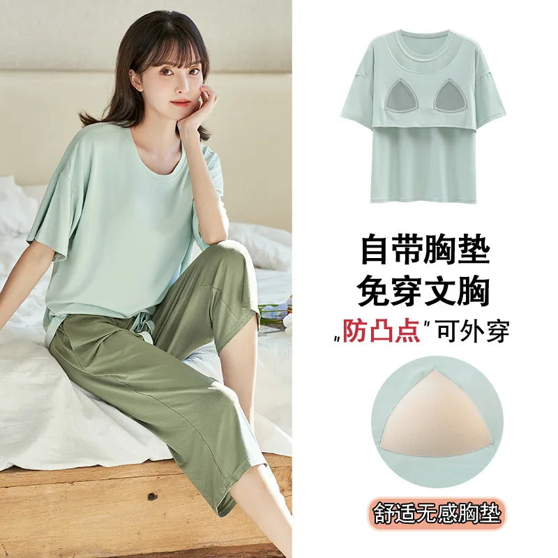 Thin With Chest Pad Summer Women's Suit Pijama New In Women's Sleepwear Short Sleeve Pajama Sets 2 Pieces Cute Clothes