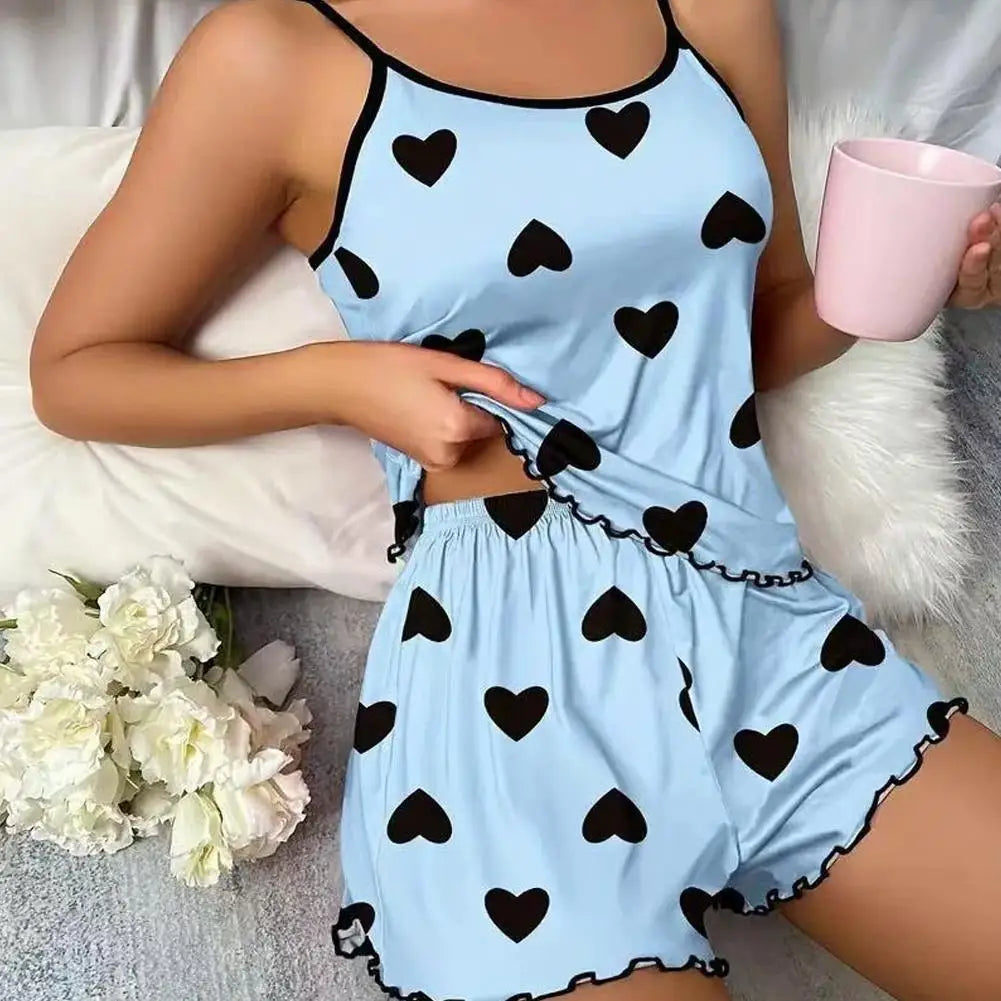 Women's Pajama Set Sexy Cute Kawaii Pajamas Women suspenders Sun-Tops Loungewear Set Shorts Y2K Lolita Heart Silk Sleepwear